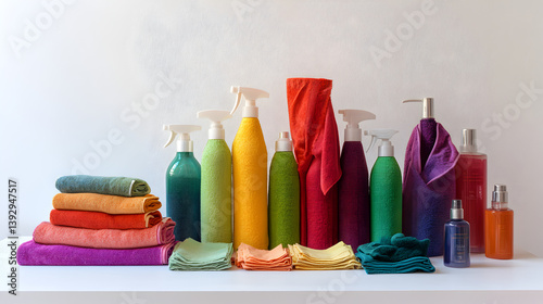 of colorful cleaning cloths and sprays on a clean white surface, ideal for a promotional product display 
