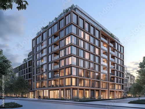 Modern Brown Glass Apartment Building at Dusk