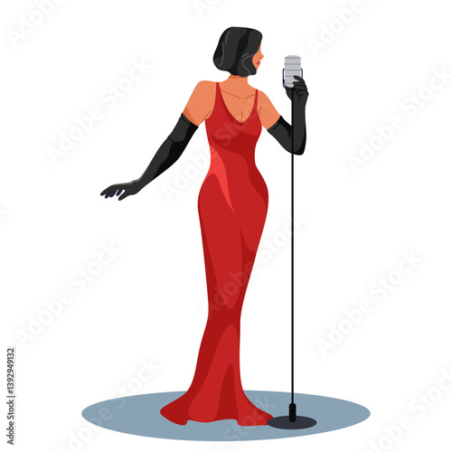 Female signer or woman performer. Vector musician with microphone. Singing artist for band or party show. Acoustic karaoke with mic. Solo audience entertainment. Girl studio record. Live sound