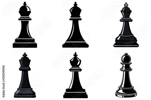 Collection of Six Black Chess vector illustration Queen Piece Variations Design Illustrations