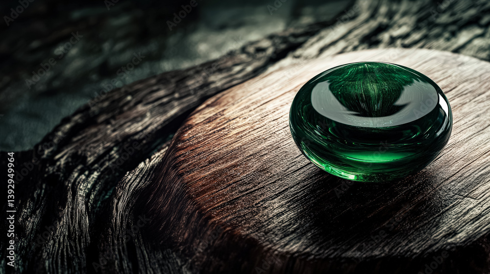 Fototapeta premium Green stone sits on a wooden surface