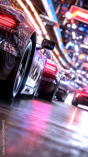 Night race, city street, speeding cars, blurred lights, gaming