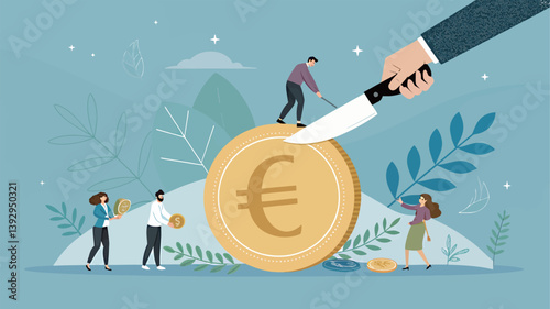 Illustration of diverse characters around a giant coin, depicting financial challenges.