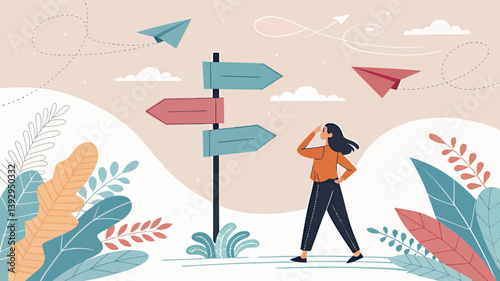 A young woman contemplating choices at a crossroads with paper airplanes flying.