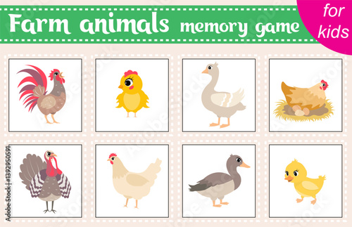 Memory game. Farm. Rooster, hen, broody hen, chick, turkey, goose, duckling. Memory game for preschool children. Educational game for children.