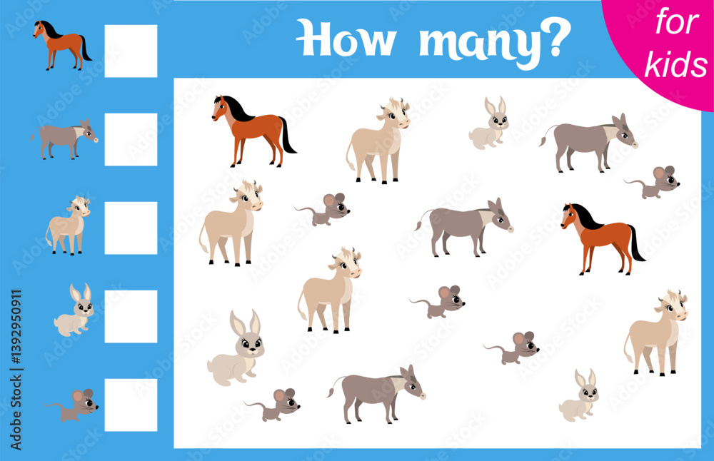 Counting game for children. Horse, donkey, rabbit, calf and mouse. Farm. How many animals are there in the picture. Calculation for children. Worksheet for preschoolers. Printable. Counting game for children. Horse, donkey, rabbit, calf and mouse. Farm. How many animals are there in the picture. Calculation for children. Worksheet for preschoolers. Printable.