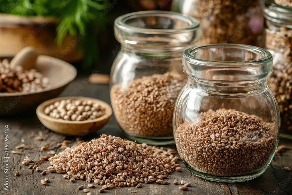 Variety of spices and seeds stored in glass jars on rustic wooden table in bright kitchen environment Variety of spices and seeds stored in glass jars on rustic wooden table in bright kitchen environment