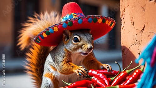 Bushytailed squirrel enjoys spicy peppers while wearing a colorful sombrero in vibrant Mexican setting Generative AI photo