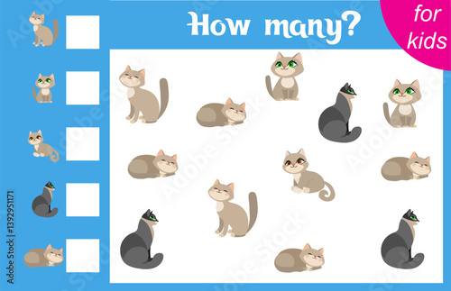 Counting game for children. Cute cats. How many animals are there in the picture.  Calculation for children. Worksheet for preschoolers. Printable.