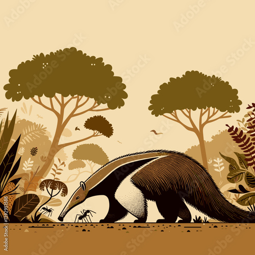 Anteater sniffing ground in rainforest, exploring its natural habitat with curiosity