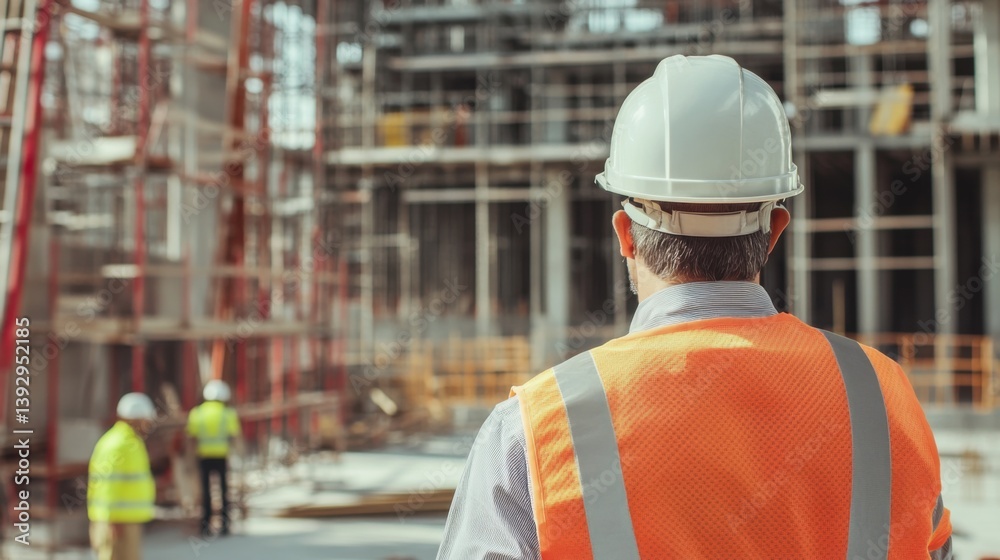 A site supervisor monitoring safety gear usage on-site. Featuring responsibility and safety A site supervisor monitoring safety gear usage on-site. Featuring responsibility and safety