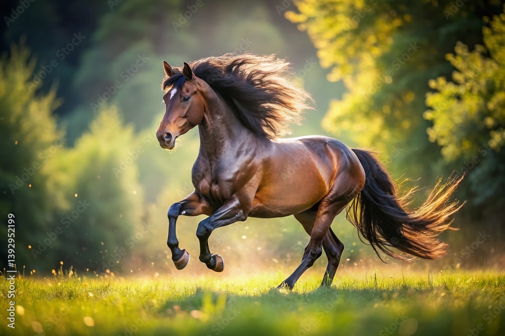 Fototapeta premium A Majestic Dark Buckskin Stallion Gallops in Slow Motion Capturing the Essence of Untamed Power and Grace