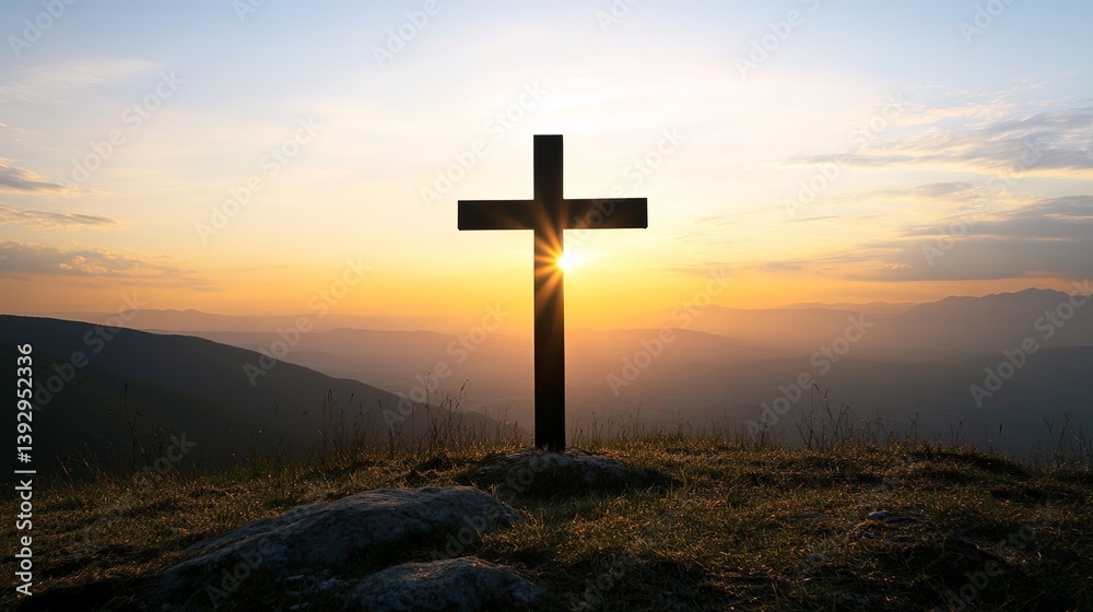 Christian cross silhouette at sunset on hilltop religious symbol of faith and hope background wallpaper image Christian cross silhouette at sunset on hilltop religious symbol of faith and hope background wallpaper image