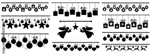 Christmas seamless border holiday hanging elements. Christmas branch with hanging Christmas balls and hearts. Xmas decoration for window. Happy New Year silhouette design. Web page background 