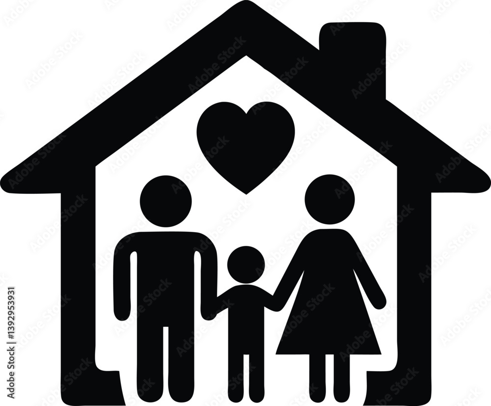 Stick Family Icon In House Silhouette With Heart On Transparent Background Stick Family Icon In House Silhouette With Heart On Transparent Background