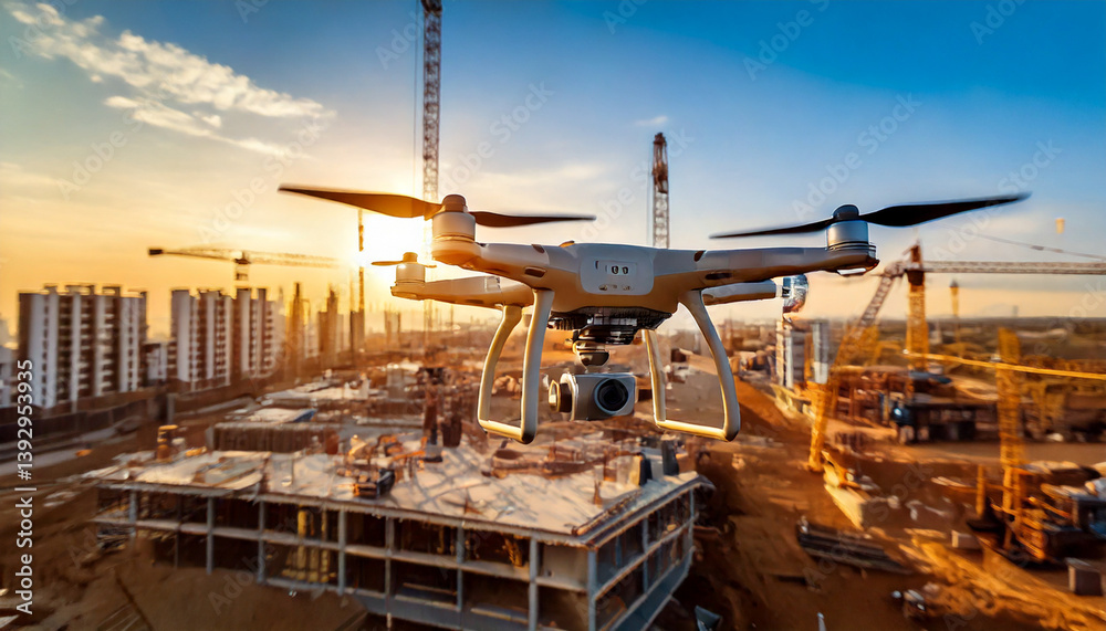 Drone flying over construction site for land survey and building inspection – UAV technology in civil engineering project Drone flying over construction site for land survey and building inspection – UAV technology in civil engineering project
