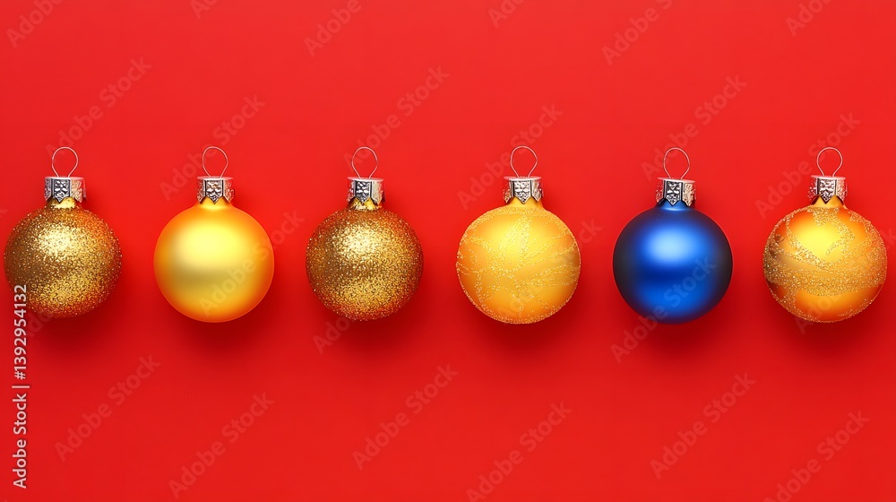 Six Shiny Christmas Ornaments Red Background Festive Decor Six Shiny Christmas Ornaments Red Background Festive Decor