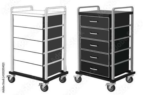 Two Trolley Carts With Drawers Industrial Storage Solutions On A White Backdrop