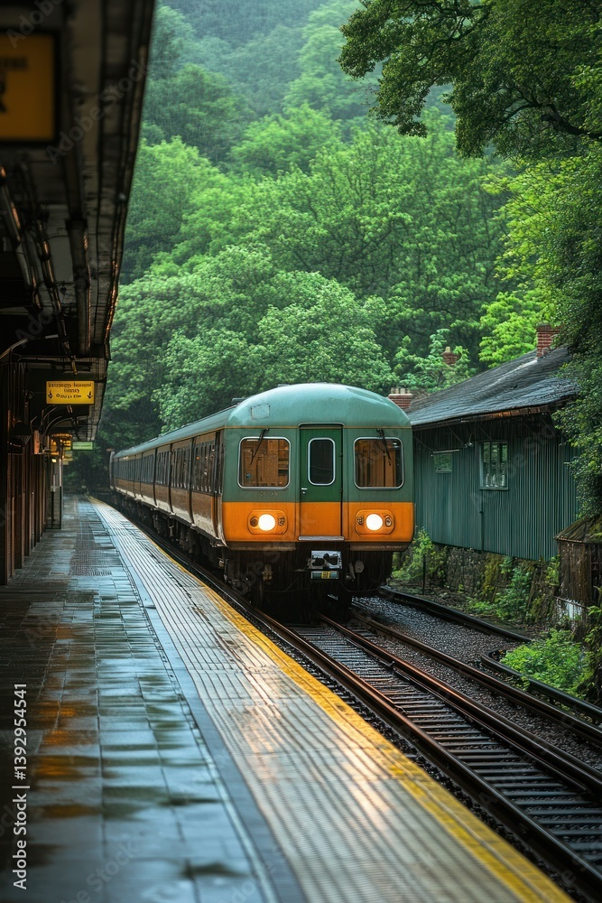 Naklejka premium Rainy train station platform, Japan