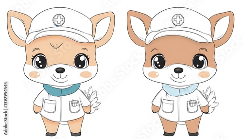 Adorable cartoon deer wearing white uniforms and medical hats