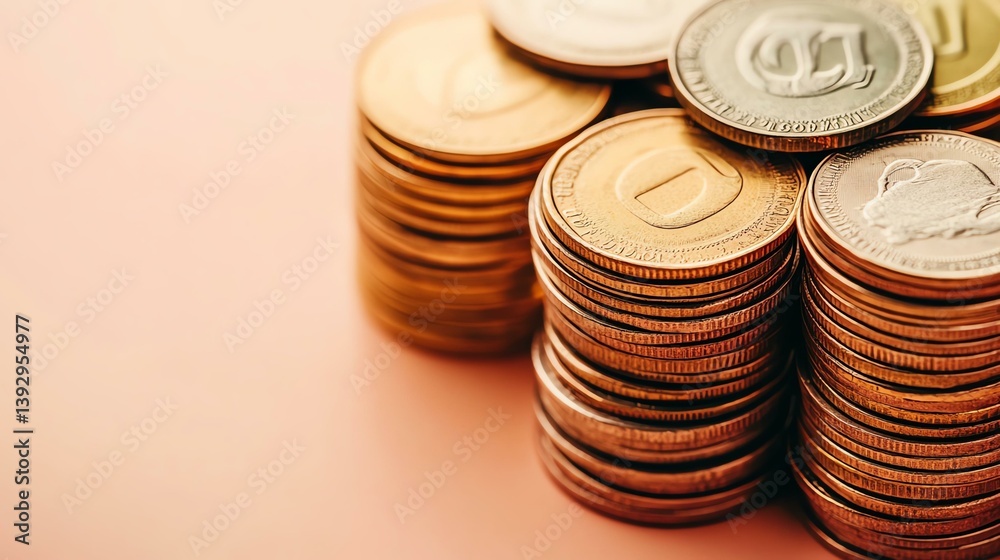 Stacks of shiny coins on a soft pastel background. Stacks of shiny coins on a soft pastel background.
