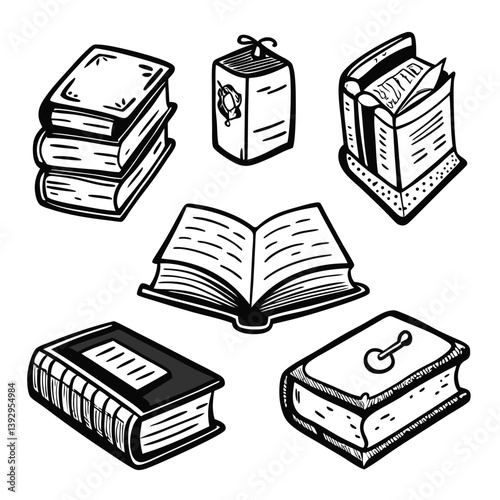 Hand-Drawn Book Stack Doodle Set Unique Black and White Sketch Illustrations