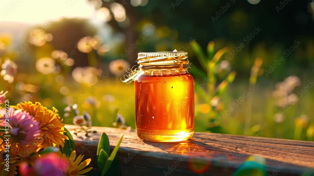 close-up of a jar of honey from flowers. Selective focus