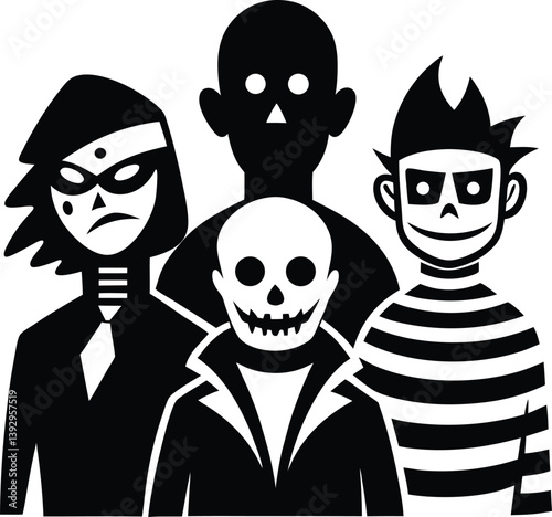 Four villainous figures in a black and white graphic design.