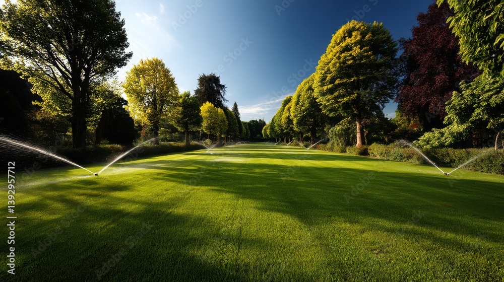 Lush green lawn with vibrant trees and sprinklers watering the grass Lush green lawn with vibrant trees and sprinklers watering the grass