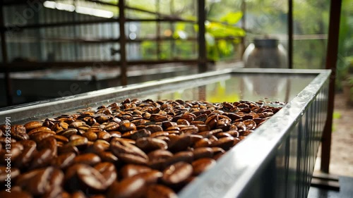 A large transparent glass tank filled with warm water in which cocoa beans float. The water is slightly cloudy to reflect the cleaning process.