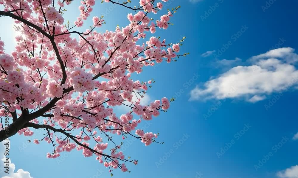 Cherry Blossom Tree With Branches Stretching From Top Left To Bottom Right, Pink Flowers Gently Swaying In The Wind, Blue Sky With Clouds Drifting In The Background. 4k video Cherry Blossom Tree With Branches Stretching From Top Left To Bottom Right, Pink Flowers Gently Swaying In The Wind, Blue Sky With Clouds Drifting In The Background. 4k video