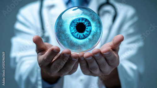 Human eye anatomy hologram on doctor hands. Awareness of eye diseases include age-related macular degeneration, cataract, diabetic retinopathy, and glaucoma. Digital vision eye care concept.