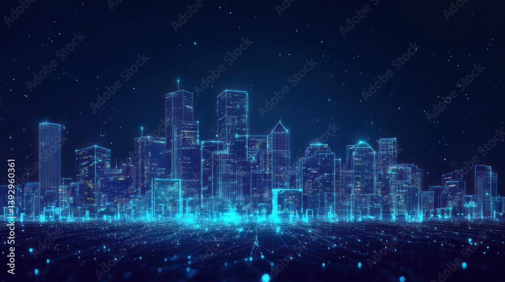 Futuristic Digital Cityscape with Glowing Blue Lines and Connected Network