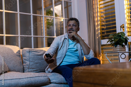 Senior man relaxing on sofa watching TV at home in evening