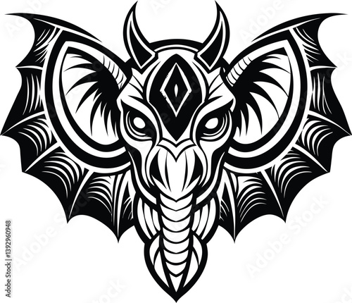 Stylized demonic elephant head, bat wings, tribal tattoo design, symmetrical composition, black and white illustration, intricate line work, mythical creature, fantasy art, Gothic aesthetic, detailed 