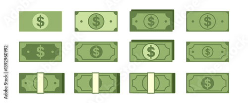 Isolated Money illustration, Green Bank note Clip art in Flat style, Saving, Investment and Business graphic elements for decoration, Economy ixon and Sign (Editable)