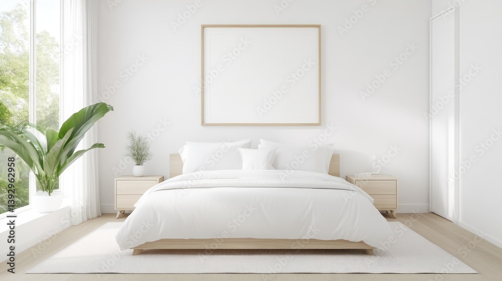 Fototapeta premium Minimalist bedroom design with a large blank canvas. Simple, modern, and bright. Natural light fills the room, showcasing a comfortable bed, bedside tables and a plant