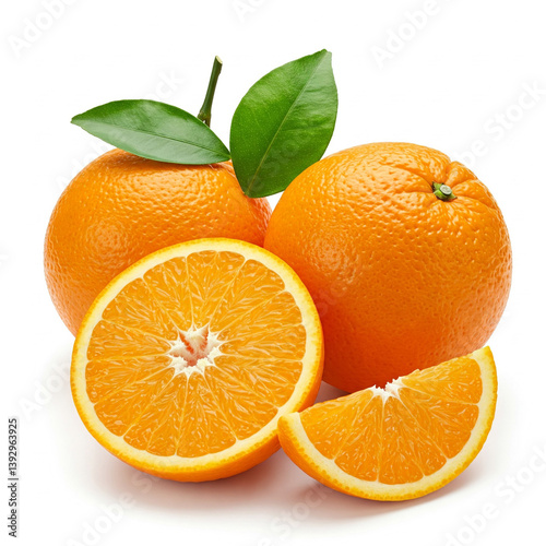  Fresh and Juicy Navel Oranges: Whole, Halved, and Sliced Citrus Fruit Still Life with Vibrant Color and Green Leaves on a White Background