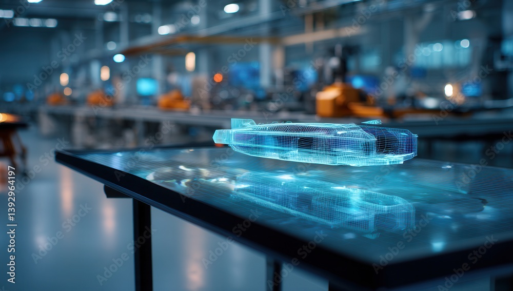 custom made wallpaper toronto digitalFuturistic holographic ship model in modern factory.