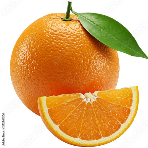  Fresh and Juicy Navel Oranges: Whole, Halved, and Sliced Citrus Fruit Still Life with Vibrant Color and Green Leaves on a White Background