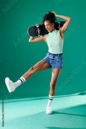 Energetic woman posing with skateboard on shoulder, expressing joy and confidence