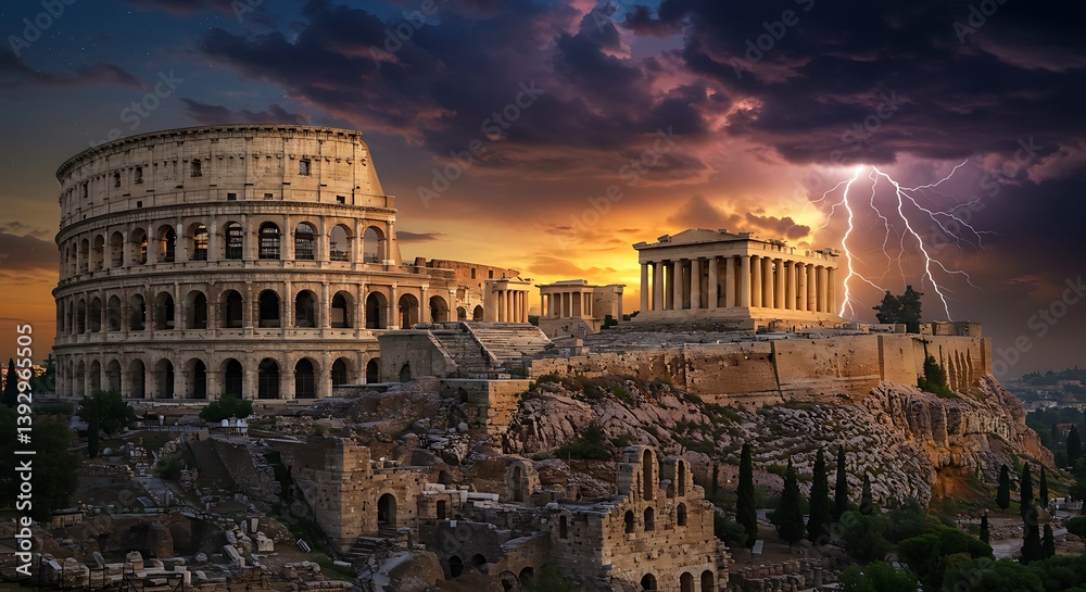 Fototapeta premium Ancient Ruins at Sunset with Lightning Storm Dramatic Sky