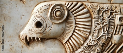 Stone carving of an animal head with intricate details on a textured surface.