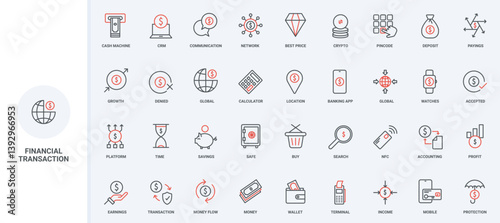 Money transfer and flow, cash, cryptocurrency and online transaction, terminal line icon set. Contactless and cashless payment for purchase, CRM thin black and red outline symbols vector illustration