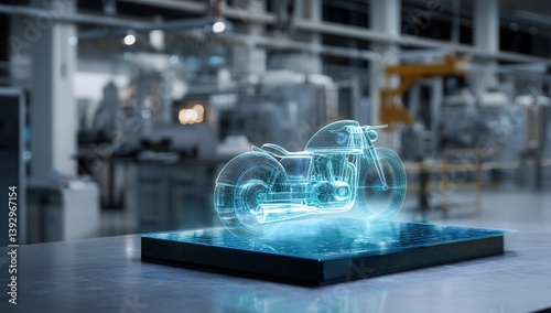Futuristic holographic motorcycle in a modern factory setting.