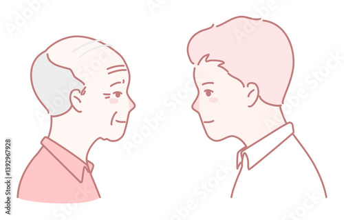 A minimalistic illustration showcasing the striking contrast between youthful and aged faces and expressions
