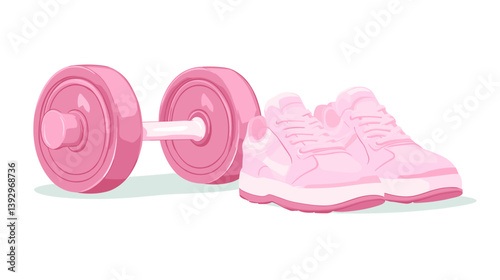 Pink sneakers and dumbbell on white background in flat style

