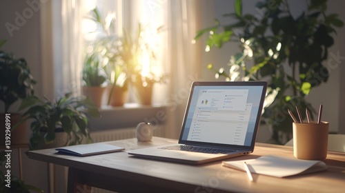 Clean Wooden Desk with Open Laptop Showcasing Online Learning Interface, Notebook, and Pen for Remote Education Setup