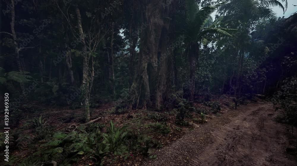 A winding dirt path leads through a dense, shadowy forest as dusk approaches. The tall trees and lush foliage create a serene atmosphere, inviting exploration and adventure. A winding dirt path leads through a dense, shadowy forest as dusk approaches. The tall trees and lush foliage create a serene atmosphere, inviting exploration and adventure.