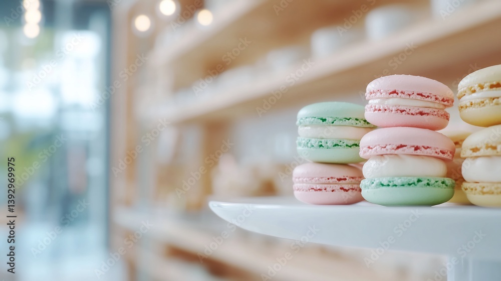 Fototapeta premium Pastel macarons on cake stand, bakery, shop